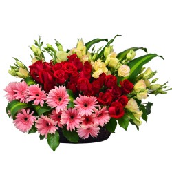 Colorful World with Two Dozen Red Roses and Pink Gerberas Basket